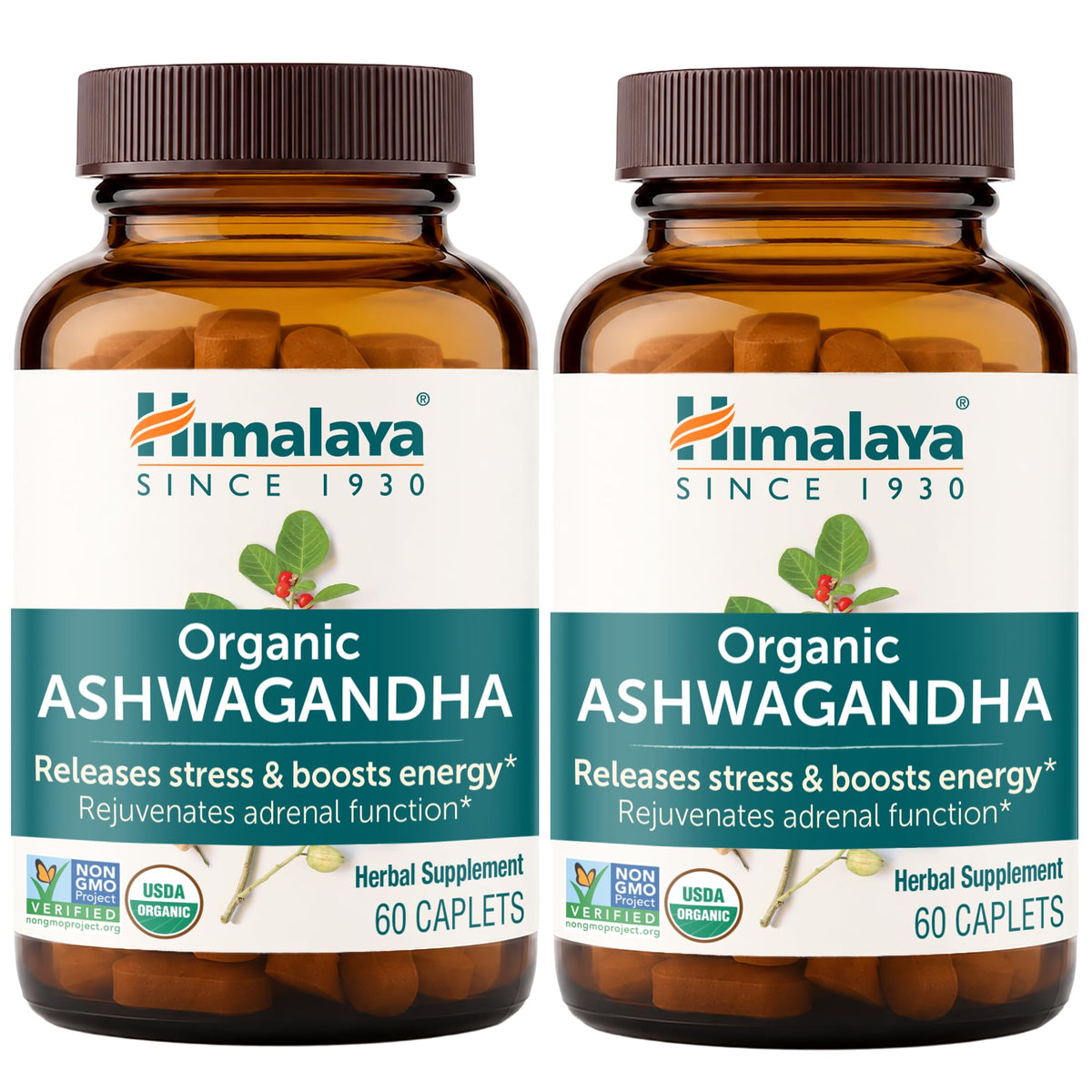 Himalaya USDA Organic Ashwagandha Root, 670 mg, 60 Day Supply, 60 Caplets