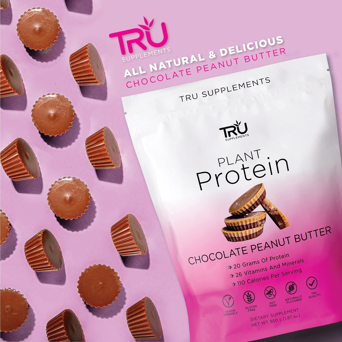 TRU Plant Based Protein Powder, BCAA, EAA, 20g Vegan Protein, 100 Calories, 27 Vitamins