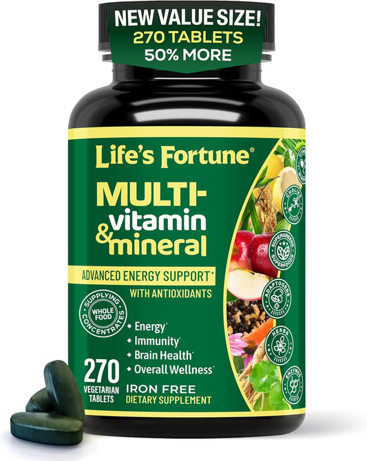 Life's Fortune Whole Food Multivitamin & Mineral Supplement for Men & Women – Energy Support Vitamins for Immune, Brain & Metabolism Support – Iron Free, 270 Vegetarian Tablets