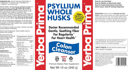 Yerba Prima Psyllium Whole Husk, 1 Bottle 12 oz - Fiber Supplement, Vegan, No Sugar or Artificial Sweeteners, Non GMO, Gluten Free