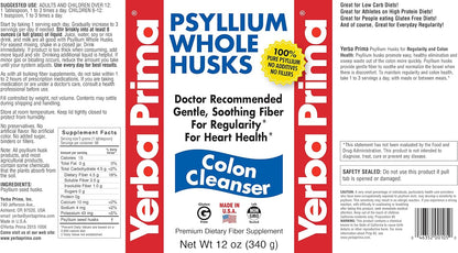 Yerba Prima Psyllium Husk, 12 Ounce - Whole Husk Fiber Supplement, Vegan, No Sugar or Artificial Sweeteners, Non GMO, Gluten Free