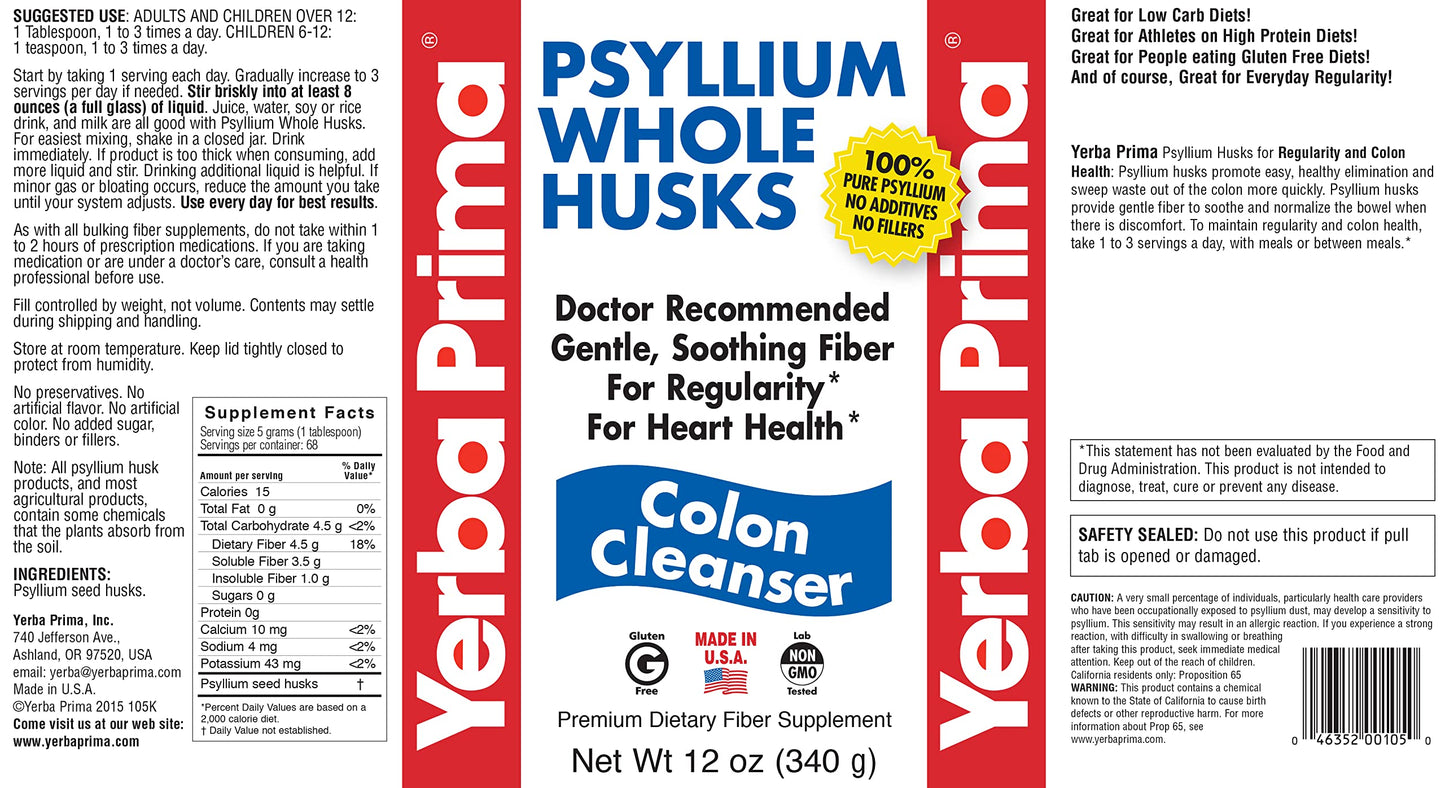 Yerba Prima Psyllium Whole Husk, 1 Bottle 12 oz - Fiber Supplement, Vegan, No Sugar or Artificial Sweeteners, Non GMO, Gluten Free