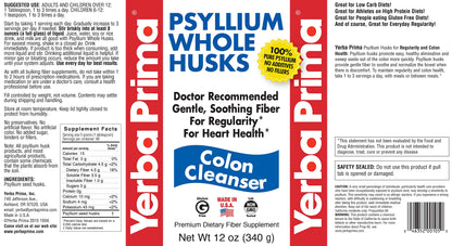 Yerba Prima Psyllium Whole Husk, 1 Bottle 12 oz - Fiber Supplement, Vegan, No Sugar or Artificial Sweeteners, Non GMO, Gluten Free