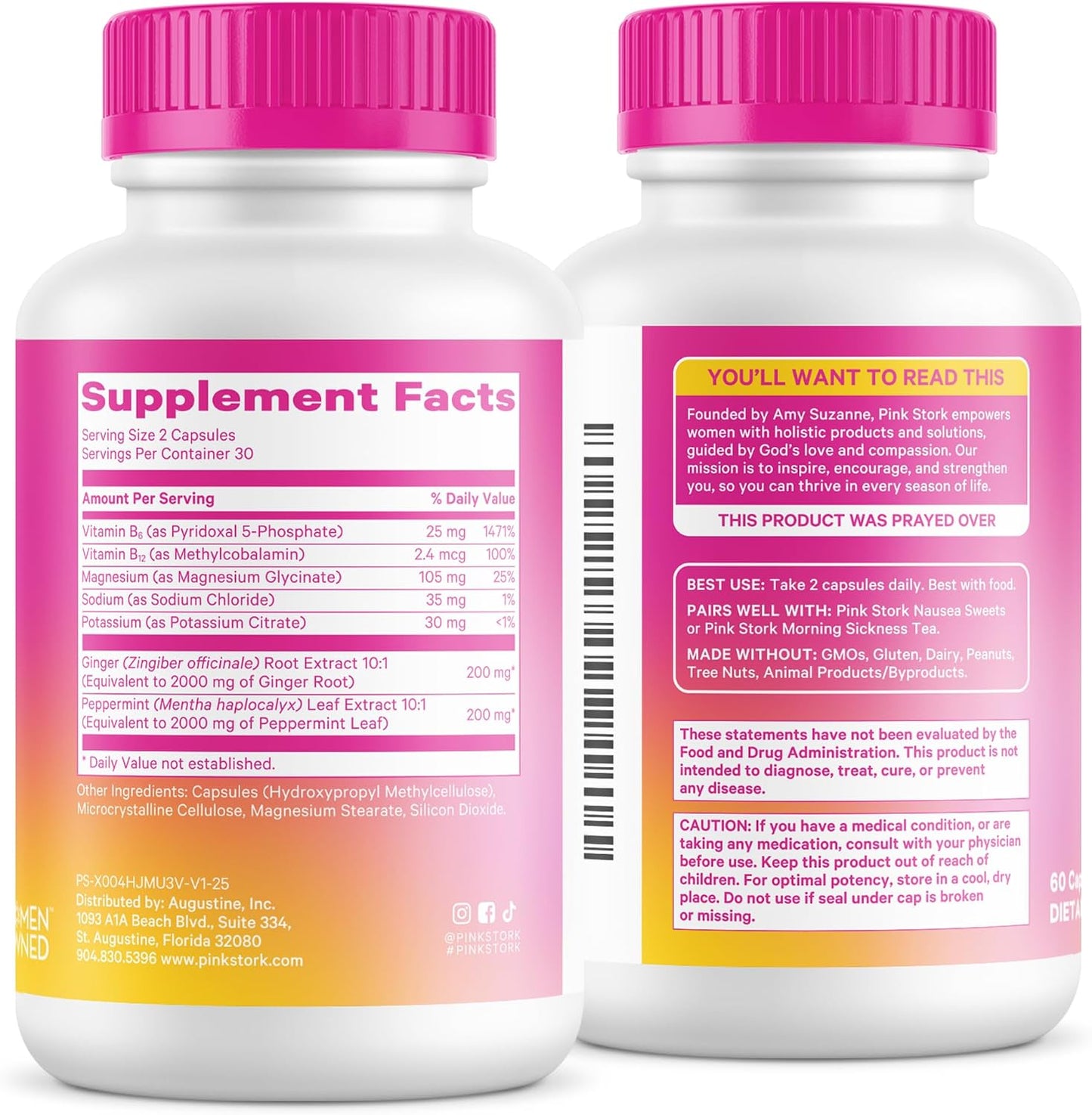 Pink Stork Vitamin B6, Ginger, Electrolyte Capsule, 60ct | Motion Sickness, +GLP-1 Support, Natural Digestive Support with Peppermint, Potassium, Magnesium, Gentle on the Stomach