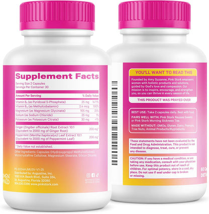 Pink Stork Vitamin B6, Ginger, Electrolyte Capsule, 60ct | Motion Sickness, +GLP-1 Support, Natural Digestive Support with Peppermint, Potassium, Magnesium, Gentle on the Stomach
