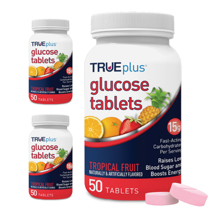 TRUEplus Glucose Tablets, Grape, Raspberry, Orange Flavors, 50 Count | Chewable Tablets, 15g Fast-Acting Carbohydrates, Fat Free, Gluten Free, Boosts Energy, Great Tasting and Easy to Use