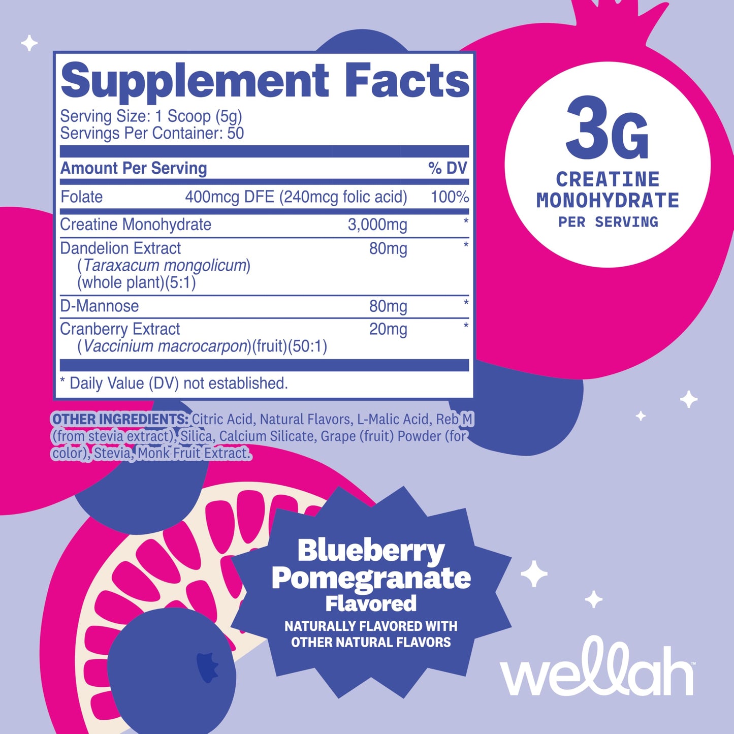 Wellah Creatine for Women - Creatine Monohydrate with Dandelion & Cranberry Extract (50 Servings, Strawberry Lemonade) | Creatine Monohydrate with Dandelion & Cranberry Extract