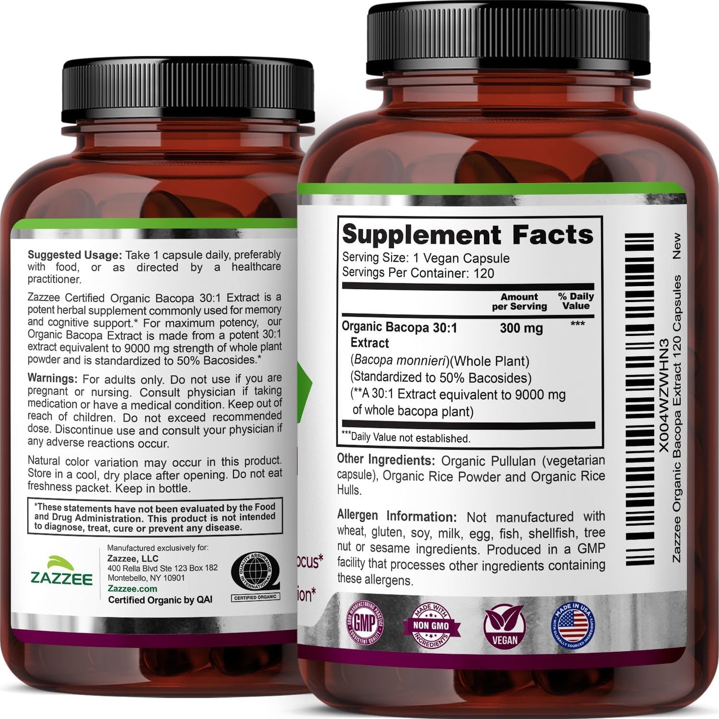 Zazzee USDA Organic Bacopa 30:1 Extract, 50% Bacosides, 120 Vegan Capsules, 4 Month Supply, Bacopa Monnieri, Cognitive, Brain & Memory Support, Non-GMO, Organic Herbal Supplement, Made in the USA