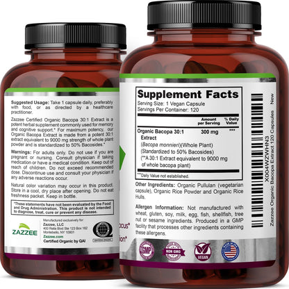 Zazzee USDA Organic Bacopa 30:1 Extract, 50% Bacosides, 120 Vegan Capsules, 4 Month Supply, Bacopa Monnieri, Cognitive, Brain & Memory Support, Non-GMO, Organic Herbal Supplement, Made in the USA
