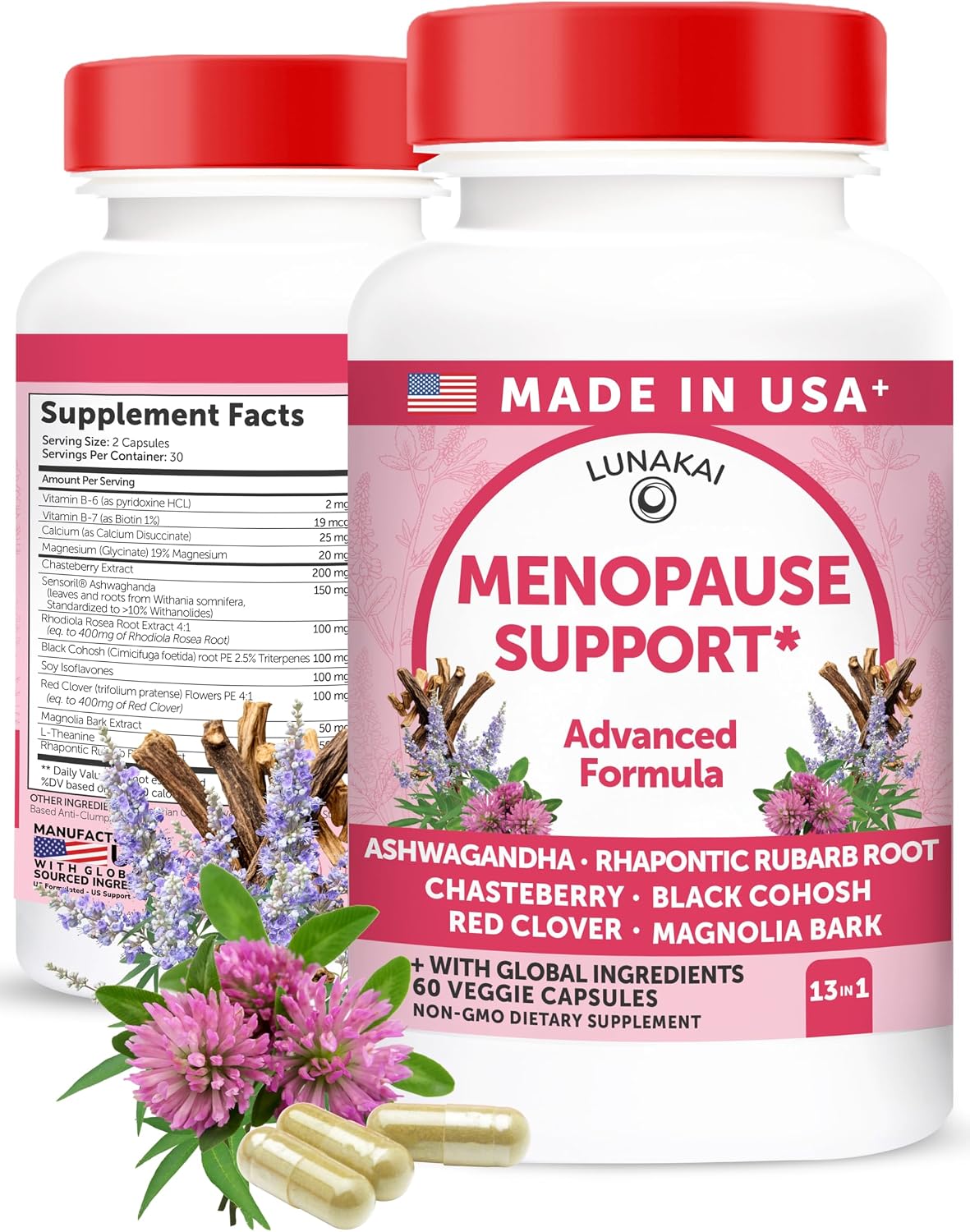 Lunakai USA Made Natural Menopause Supplements for Women, 60ct | Non-GMO, 13-in-1 Menopause Relief for Hot Flashes, Night Sweats, Sleep & Mood Support
