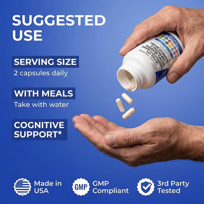 Brain Supplement Alpha GPC 300mg Phosphatidylserine Bacopa Monnieri Ginkgo Biloba Lions Mane Huperzine A L-Theanine NAC Nootropic Memory Focus Cognitive Support Vitamins B C D E 60 Capsules USA