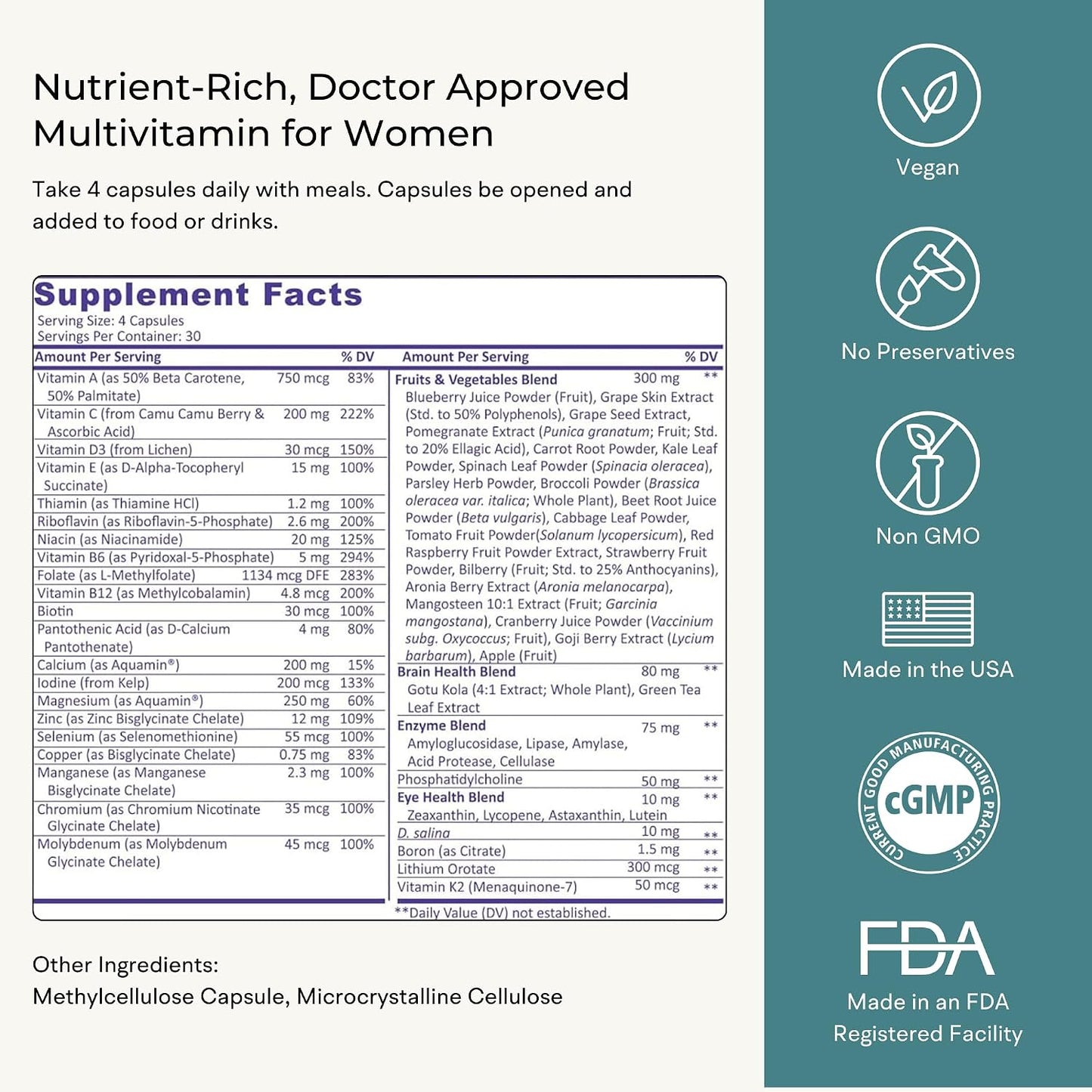 Multivitamin for Women (120 Vegetarian Capsules) Whole Food Vitamin with Essential Nutrients, Natural Calcium, Magnesium, Selenium, Zinc, Biotin, Vitamin A, B6, C, D3, E, K and More