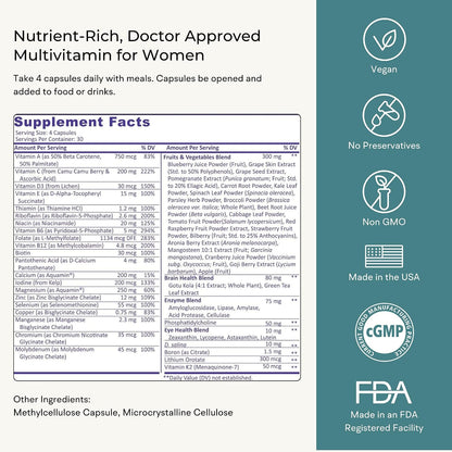 Multivitamin for Women (120 Vegetarian Capsules) Whole Food Vitamin with Essential Nutrients, Natural Calcium, Magnesium, Selenium, Zinc, Biotin, Vitamin A, B6, C, D3, E, K and More