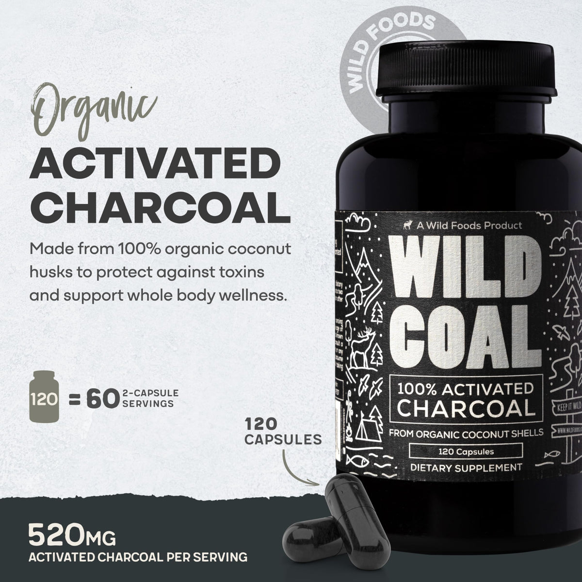 Wild Foods Activated Charcoal Capsules | 100% Organic Coconut Shells Active Tablets