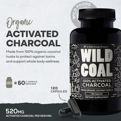 Wild Foods Activated Charcoal Capsules | 100% Organic Coconut Shells Active Tablets