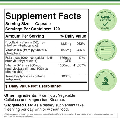 Methylated Multivitamin (Methylated and Activated Vitamins Only - Methylated B Complex with Trimethylglycine (TMG) and Methylfolate)(Non-GMO, Gluten Free MTHFR Supplement) 120 Capsules by Double Wood