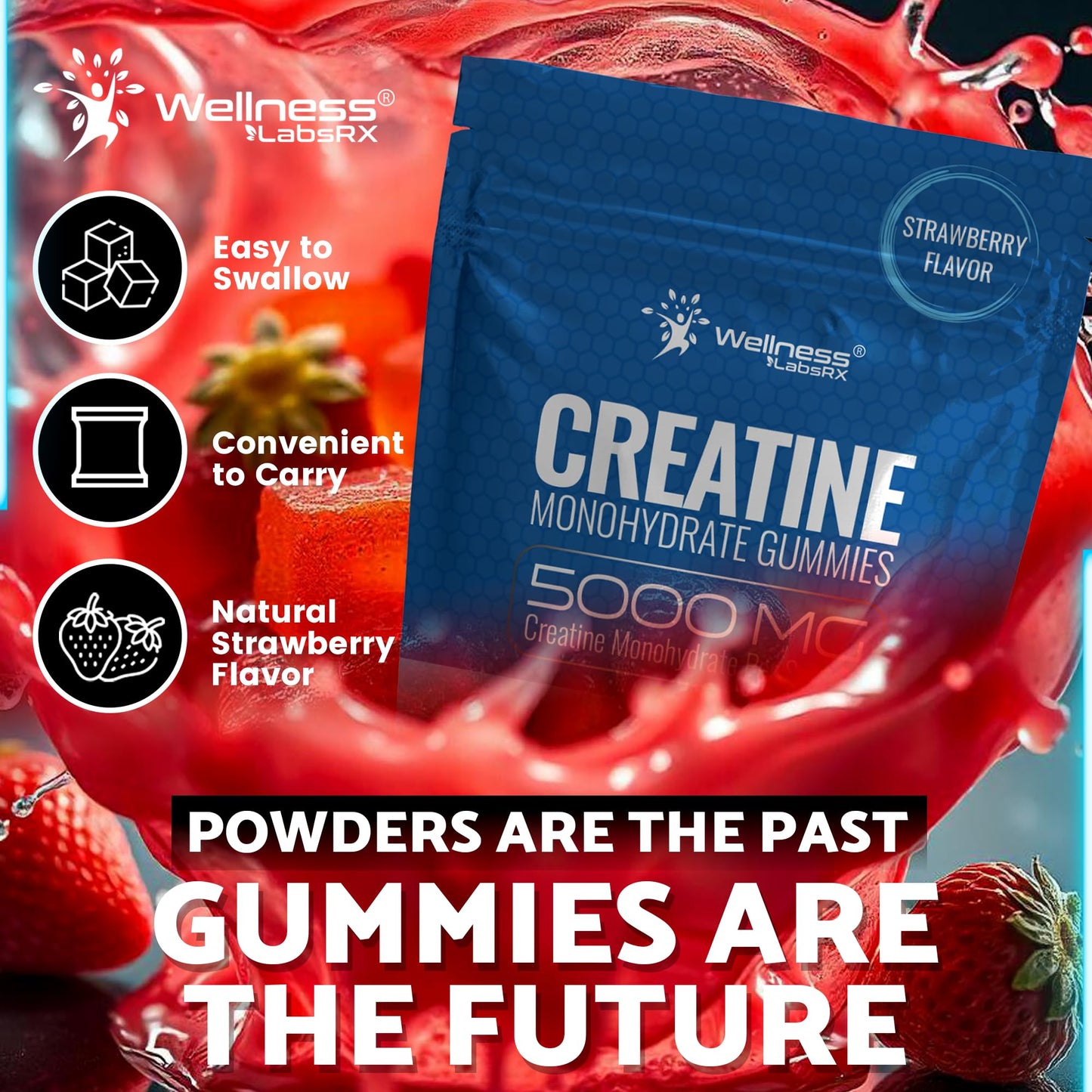 Creatine Gummies 5000mg, 30 Servings Creatine Monohydrate Gummies - Third-Party Tested Creatine for Women, Strawberry Flavor Creatine for Men, Muscle Growth, Strength, and Recovery - Pack of 1