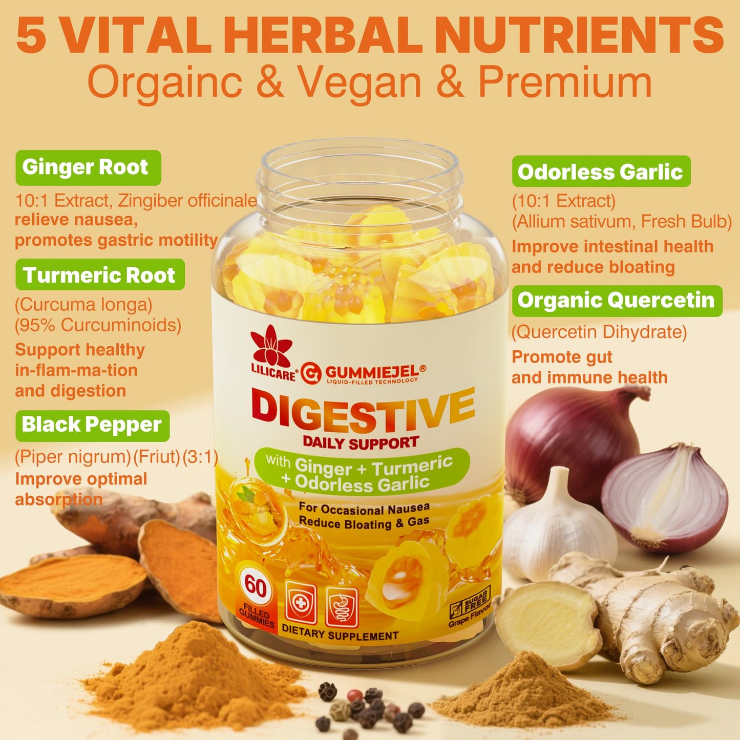 LILICARE Ginger Chews Gummies for Nausea & Digestive Support, Stomach Relief - Sugar Free with Turmeric & Odorless Garlic, Quercetin, Vitamin D3, C, Delicious Digestive Supplements, 60Cts (Pack of 1)