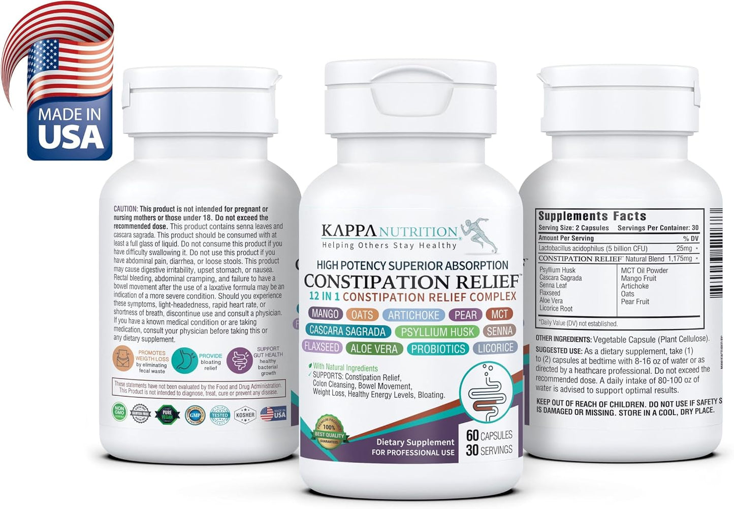 KAPPA NUTRITION Constipation Relief Supplement – Gentle Colon Cleanse for Regularity & Gut Health – Non-Habit Forming Formula with Fiber, Herbs & Probiotics – Non-GMO, 60 Capsules