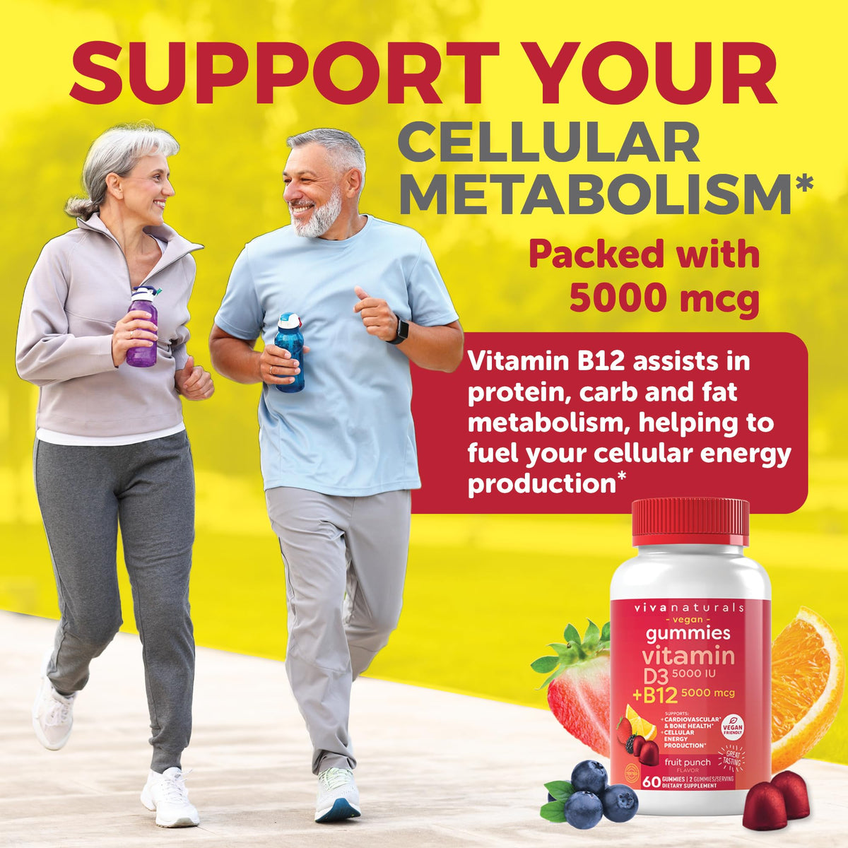 Viva Naturals Plant-Based B12 Gummies with Vitamin D3 - Chewable 5000mcg B12