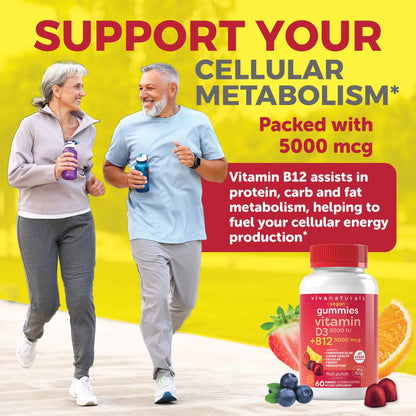 Viva Naturals Plant-Based B12 Gummies with Vitamin D3 - Chewable 5000mcg B12
