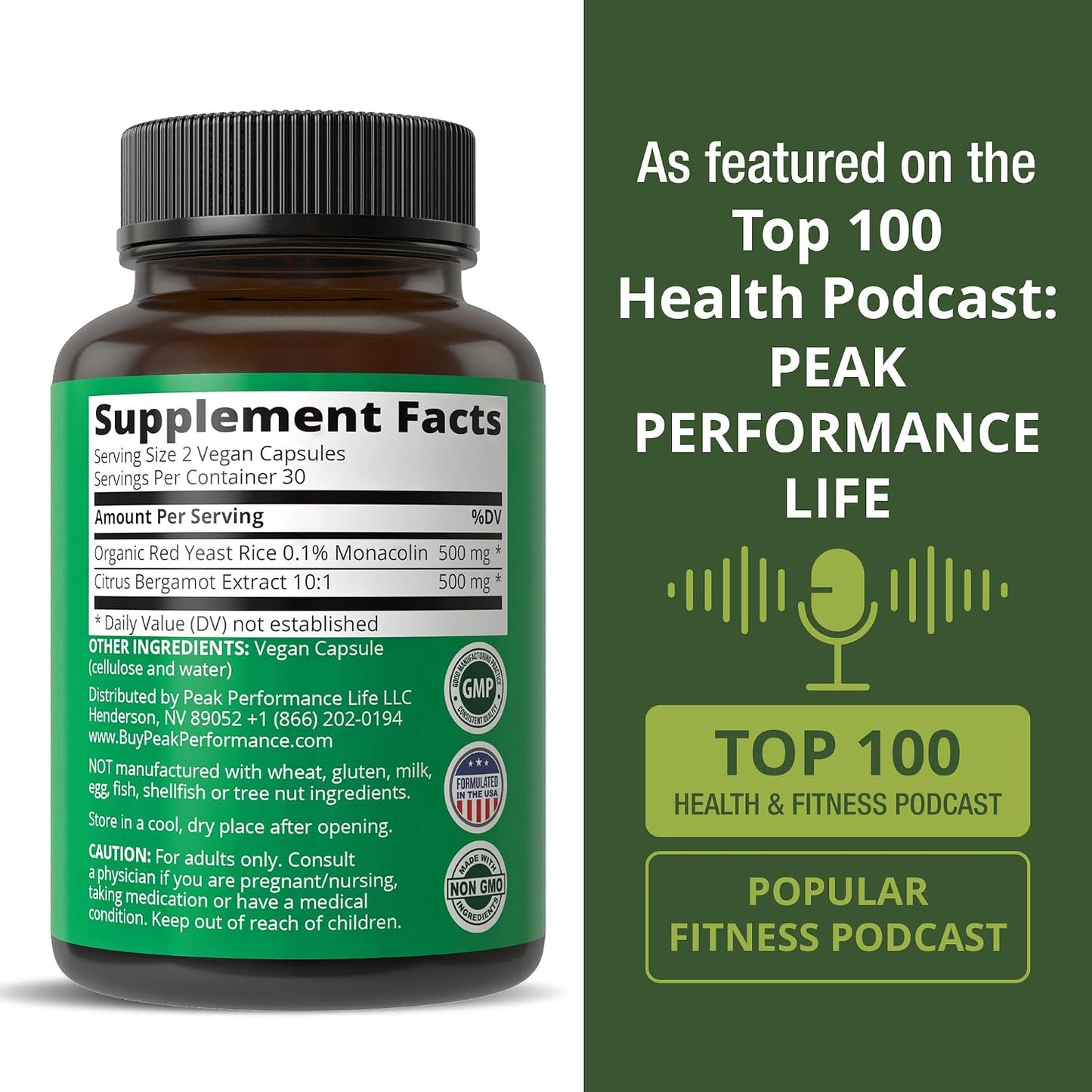 Peak Performance Citrus Bergamot + Red Yeast Rice. 2-in-1 Supplement. High Strength 10:1 Bergamot Extract. No Gluten, Zero Sugar, Vegan Capsules