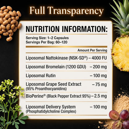 Nattokinase Supplement 4000 FU Liposomal Enteric Coated Capsules, Bromelain 1200 GDU, Rutin, Grape Seed Extract, BioPerine, Heart Health & Blood Circulation Formula for Men & Women, 120 Count