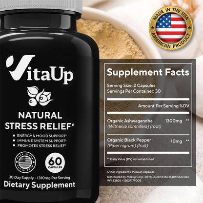VitaUp Organic Ashwagandha Capsules 1310 mg - USA Made Ashwagandha Supplements
