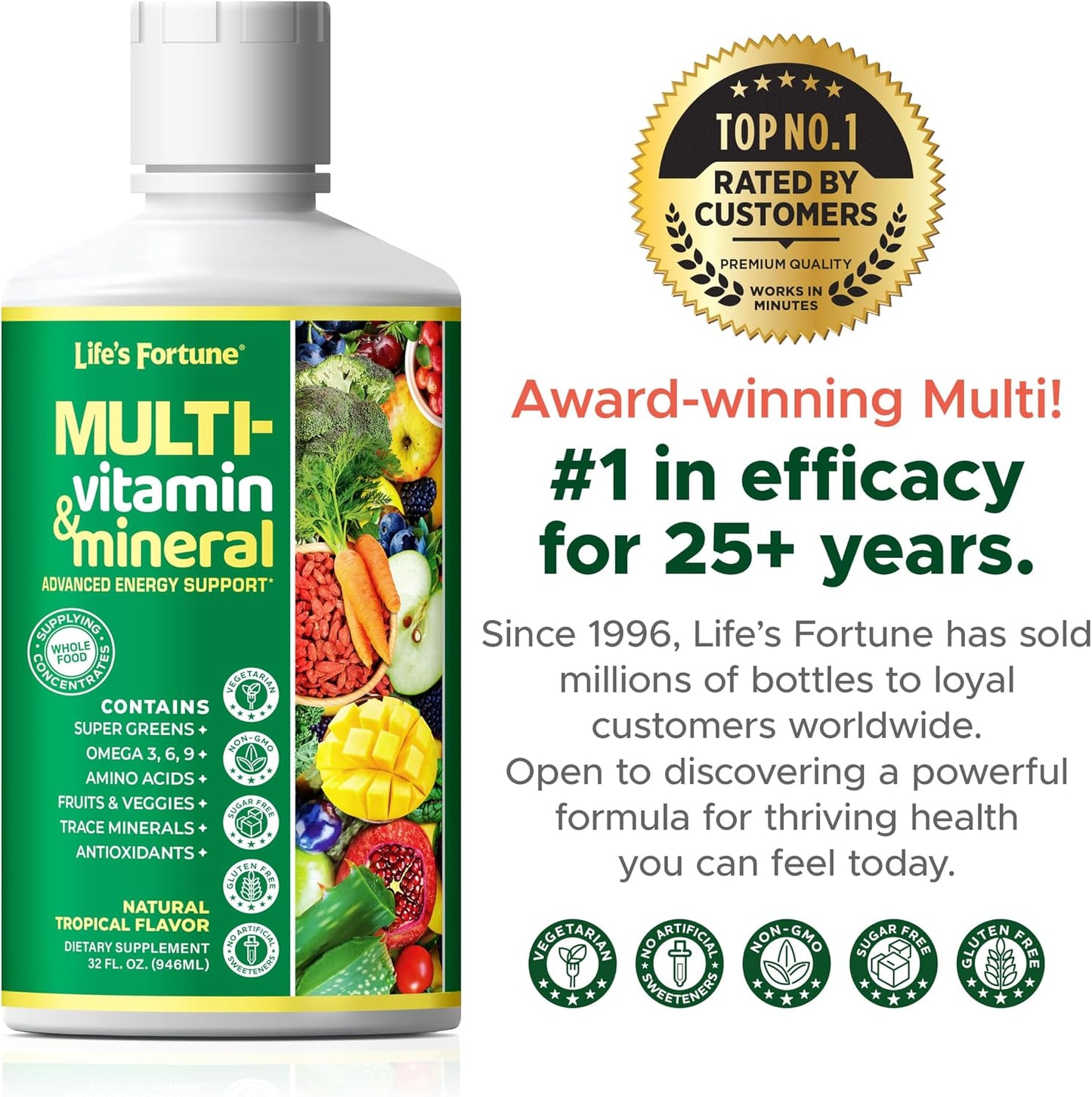 Life’s Fortune Liquid Multivitamin for Adults and Seniors – Fast Absorption Vitamins and Minerals with 90+ Nutrients for Energy and Immune Support – Easy to Digest, Sugar Free, Tropical Flavor, 32 oz