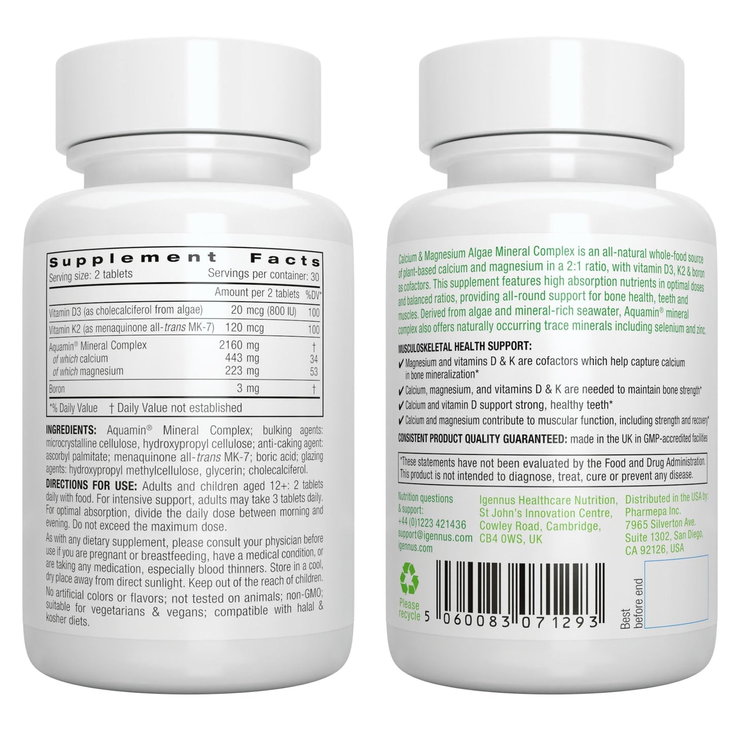 Igennus Red Algae Calcium Magnesium Complex, Comprehensive Bone Support with K2, D3 & Boron, High Absorption Minerals, Vegan & Plant Based, Non-GMO, 60 Tablets