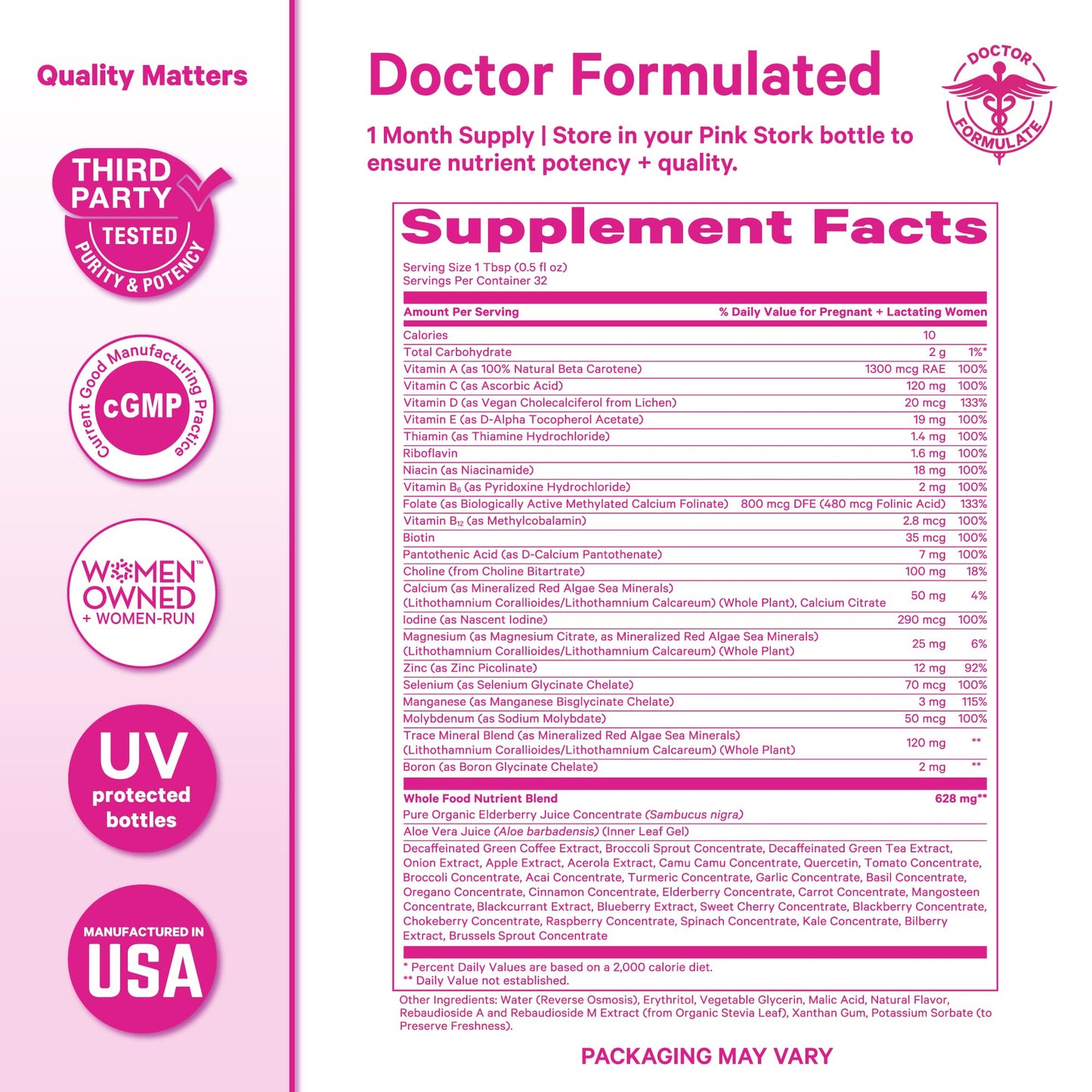 Pink Stork Liquid Prenatal Vitamins for Women – Berry, 32 Servings | Doctor Formulated, Organic Whole-Food Blend, Methylated Folate, Sugar-Free, Fertility to Postpartum, Breastfeeding Friendly