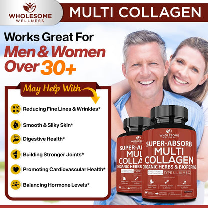 Wholesome Wellness Liposomal Vitamin C Capsules (200 Pills 1500mg Buffered) + Super-Absorb Multi Collagen Pills (Type I II III V X) Organic Herbs and Bioperine Bundle