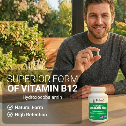 Dr. Berg Natural Vitamin B12 1000 mcg (Hydroxocobalamin) 60 Capsules – Energy, Brain & Nervous System Support* – w/B-Complex + Magnesium – 4X Lab Tested, GMO-Free, No Fillers
