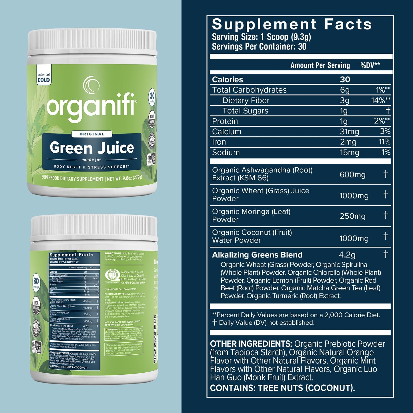 Organifi Green Juice - Powder Supplement with Organic Spirulina, Ashwagandha, and Chlorella - Helps Achieve Fitness Goals and Reduce Cortisol Levels, 30-Day Supply