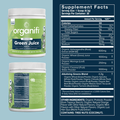 Organifi Green Juice - Powder Supplement with Organic Spirulina, Ashwagandha, and Chlorella - Helps Achieve Fitness Goals and Reduce Cortisol Levels, 30-Day Supply