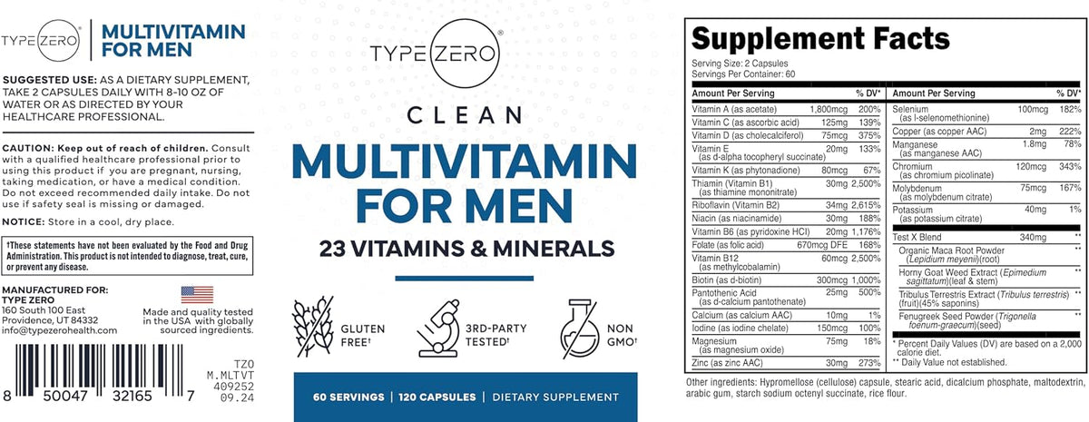 Type Zero Multivitamin Capsules for Men (1200mg) 120 Capsules, Gluten-Free