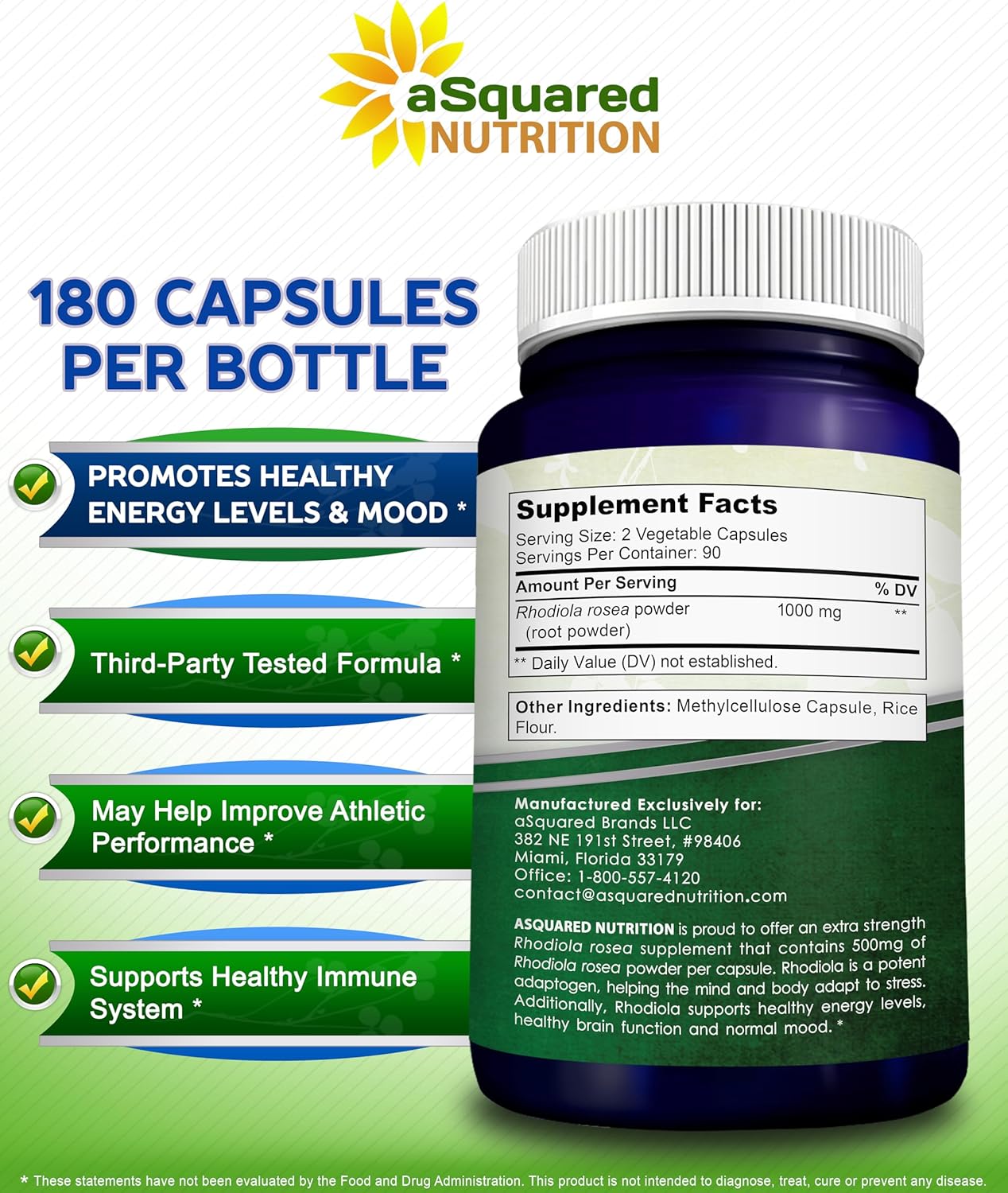aSquared Nutrition Rhodiola Rosea Supplement 1000mg - 180 Vegan Capsules - Max Strength Rhodiola Root Extract Pills Improve Pure Energy, Brain Function & Stress Relief -Golden Root Herb Powder Tablets