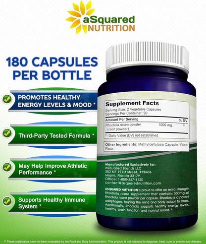 aSquared Nutrition Rhodiola Rosea Supplement 1000mg - 180 Vegan Capsules - Max Strength Rhodiola Root Extract Pills Improve Pure Energy, Brain Function & Stress Relief -Golden Root Herb Powder Tablets