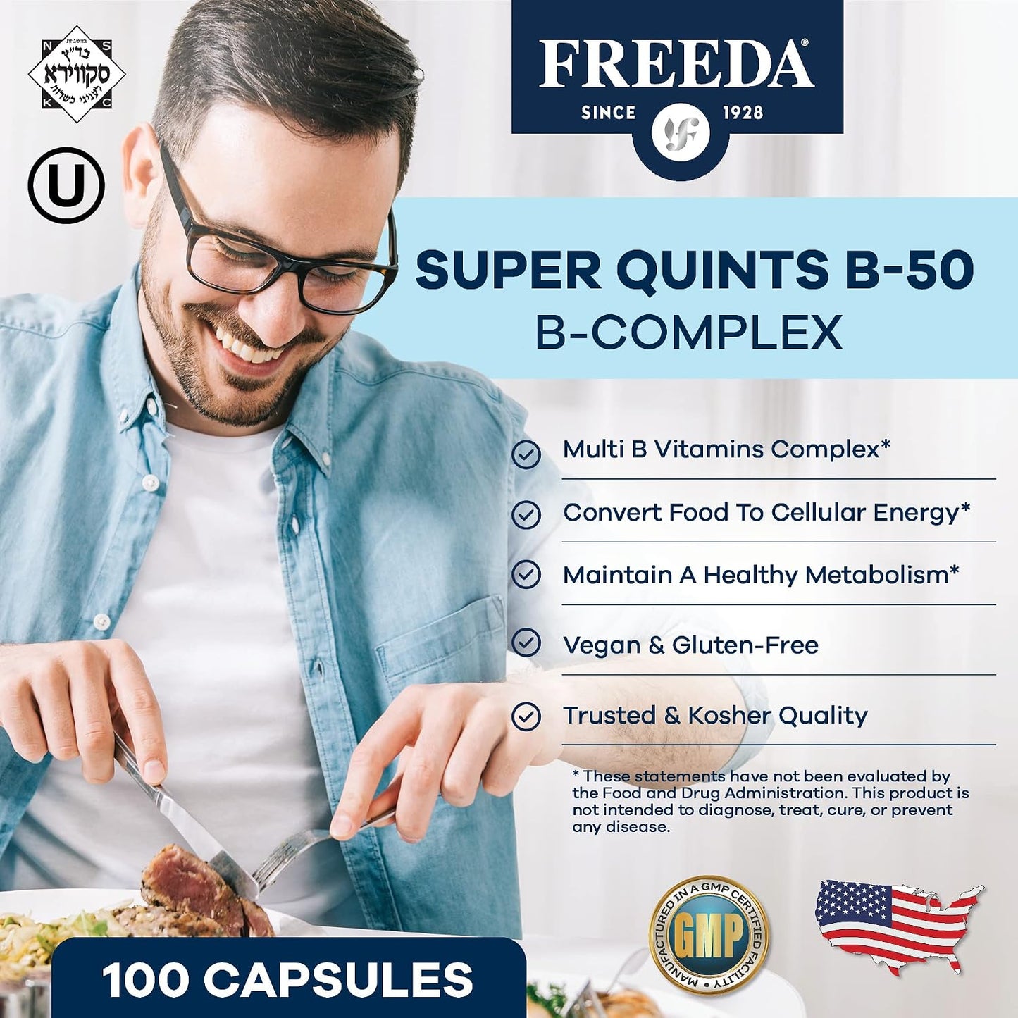 FREEDA Super B-50 Complex with Choline & Inositol for Metabolism – 250 Caps | Supports Energy, Immune & Nervous System, & Whole Body Wellness – Kosher, Gluten-Free, Vegan, & Made in USA