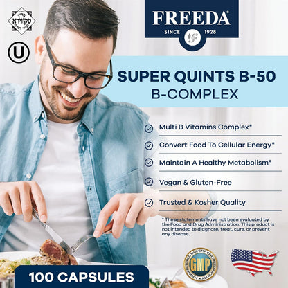 FREEDA Super B-50 Complex with Choline & Inositol for Metabolism – 250 Caps | Supports Energy, Immune & Nervous System, & Whole Body Wellness – Kosher, Gluten-Free, Vegan, & Made in USA
