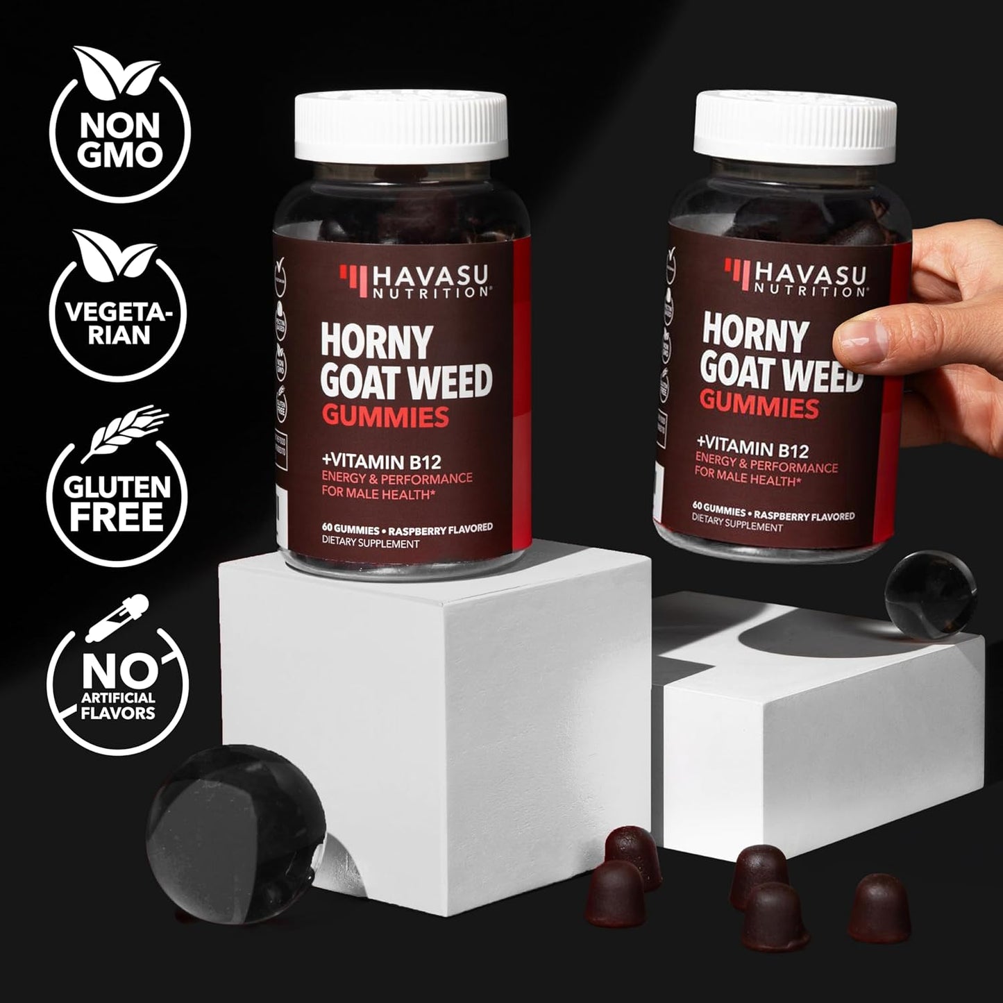 Horny Goat Weed Gummies with Vitamin B12, Raspberry Flavor, 30 Servings | Vegan, Non-GMO Horny Goat Weed Gummies to Support Drive, Vitality and Performance for Men, 60 Count, 1-Month Supply
