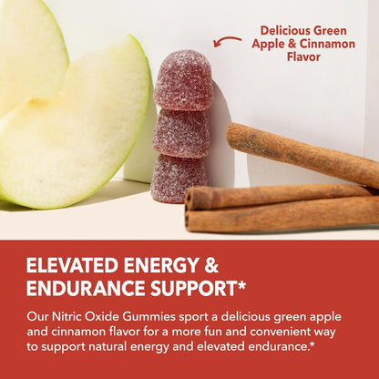 Nitric Oxide Beet Root Gummies with L-Arginine, NO Gummies, 90 Count | Vegan, Non-GMO Nitric Oxide Supplement for Energy, Endurance, and Recovery, Green Apple and Cinnamon Flavor, 30 Servings