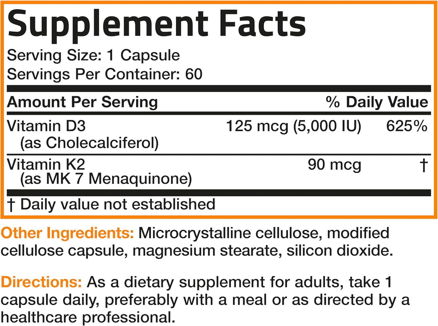 Bronson Vitamin K2 D3 (MK7) Supplement 2-in1 D3 & K2 Complex, 60 Capsules | Bone, Immune & Heart Health Support, Gluten Free, Soy Free, Non-GMO, Vitamin D3 5000IU (125 mcg) & 90 mcg K2 MK-7