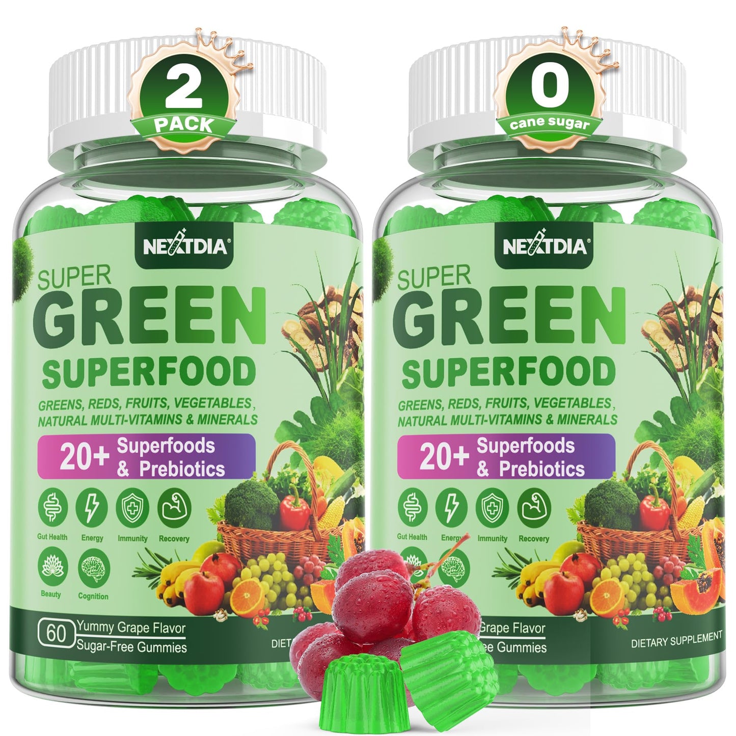 Super Greens Multivitamin Gummies, Greens Superfood Gummies w/Spirulina, Chlorella, Multivitamins, Prebiotic Fiber, Adaptogens, Adults Vitamins for Gut Health, Immunity, Focus & Energy, 120Cts