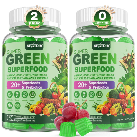 Super Greens Multivitamin Gummies, Greens Superfood Gummies w/Spirulina, Chlorella, Multivitamins, Prebiotic Fiber, Adaptogens, Adults Vitamins for Gut Health, Immunity, Focus & Energy, 120Cts