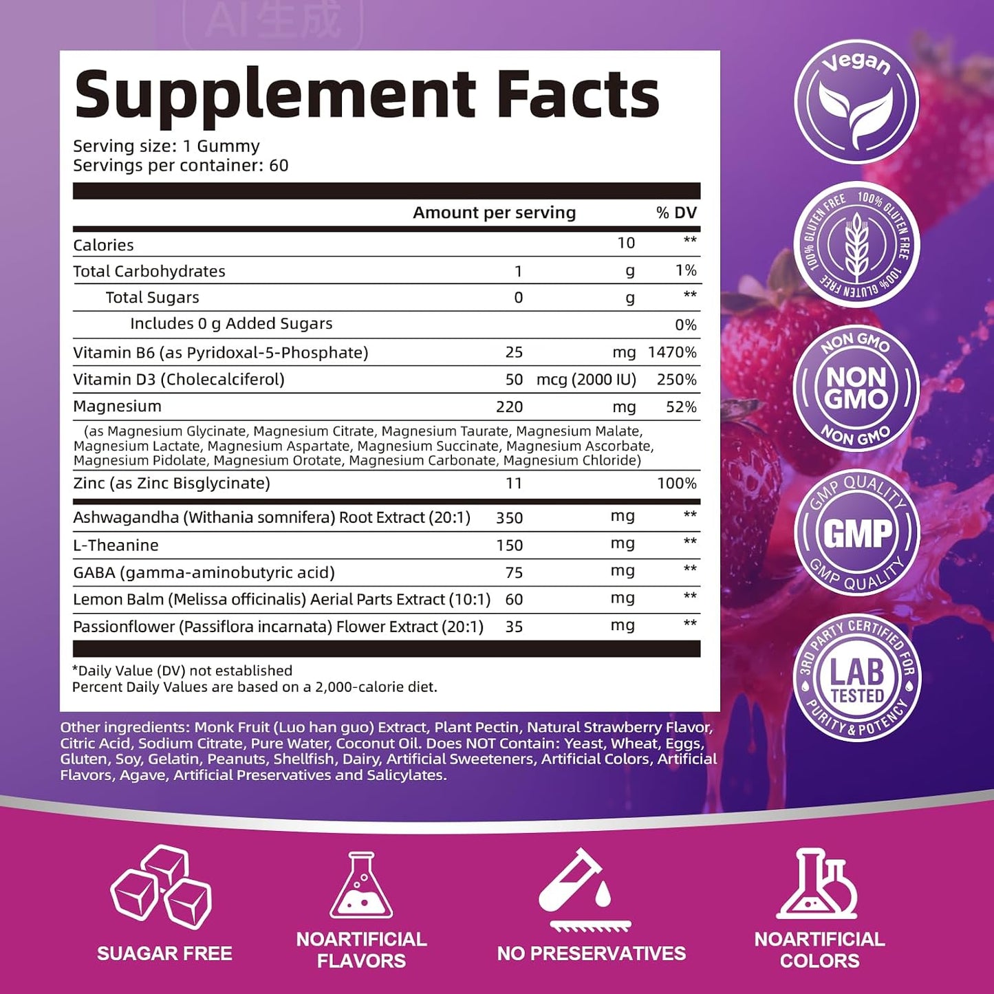 Migcopat Magnesium Complex 20 in 1 Magnesium Gummies with Glycinate Citrate Malate Taurate - Ashwagandha, L-Theanine, D3&Zinc for Relaxation, Sleep, Muscle&Heart Support, Strawberry, 60 Cts