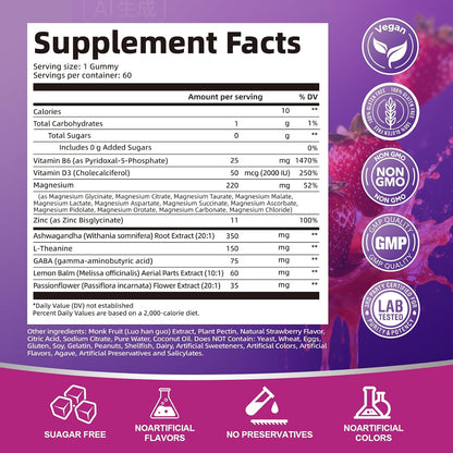 Migcopat Magnesium Complex 20 in 1 Magnesium Gummies with Glycinate Citrate Malate Taurate - Ashwagandha, L-Theanine, D3&Zinc for Relaxation, Sleep, Muscle&Heart Support, Strawberry, 60 Cts