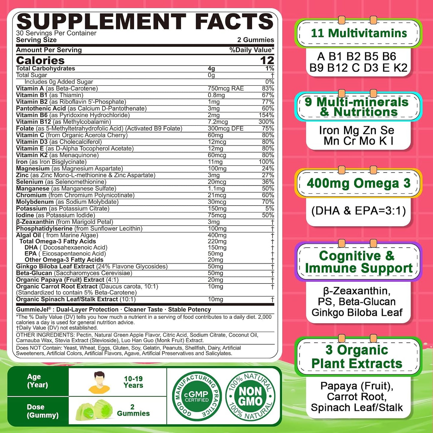Nextdia Multivitamin Gummies with Iron for Teen Boys Girls 12-17, Kids/Children & Teenagers Ages 10–19 Vitamins w/Omega 3, Magnesium + Zinc, Multi-Minerals for Adolescent Brain, Bone, Energy, Immune