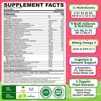 Nextdia Multivitamin Gummies with Iron for Teen Boys Girls 12-17, Kids/Children & Teenagers Ages 10–19 Vitamins w/Omega 3, Magnesium + Zinc, Multi-Minerals for Adolescent Brain, Bone, Energy, Immune
