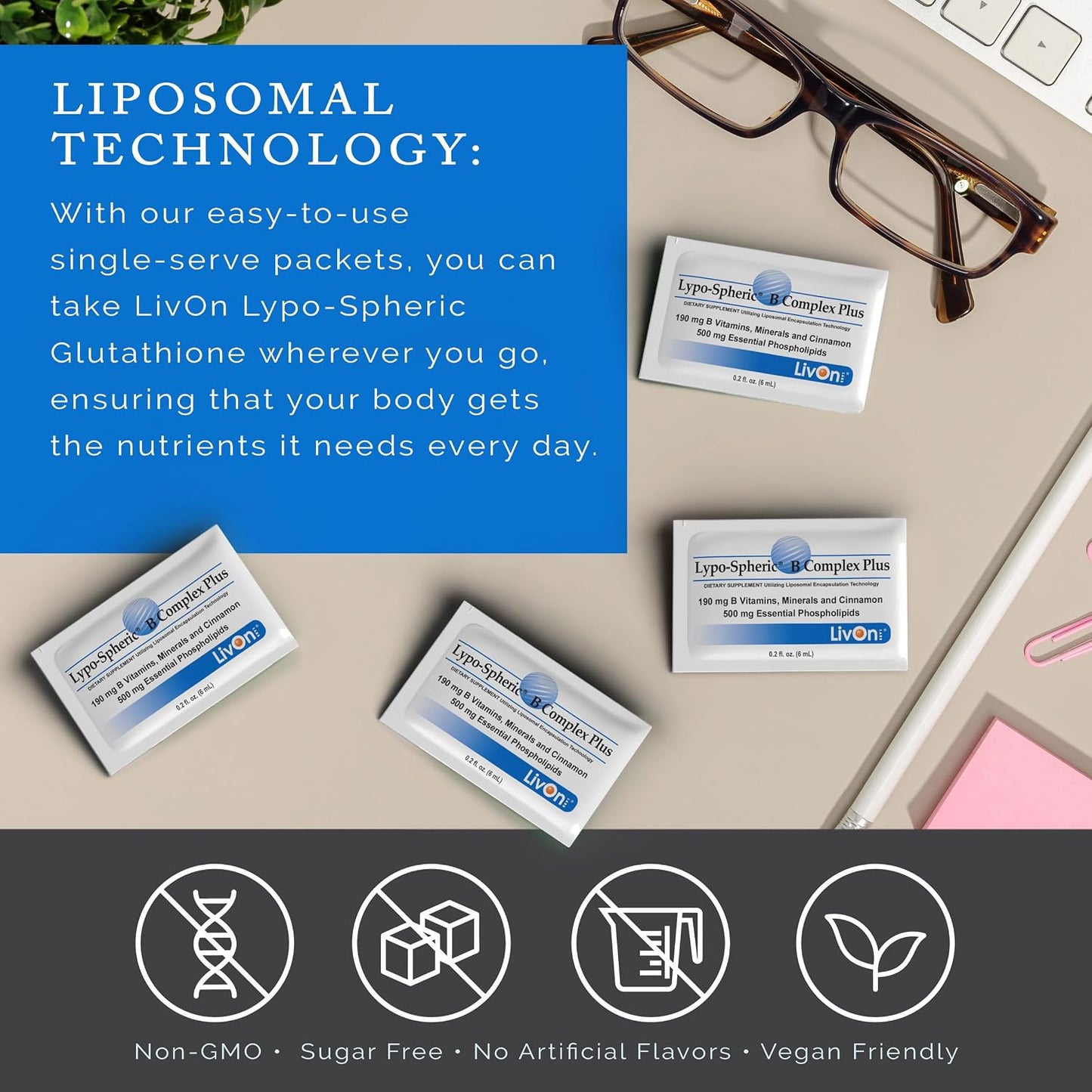 LivOn Laboratories Lypo–Spheric B Complex Plus – 30 Packets – 195 mg B Vitamins, Minerals & Cinnamon Per Packet – Liposome Encapsulated for Improved Absorption – 100% Non–GMO